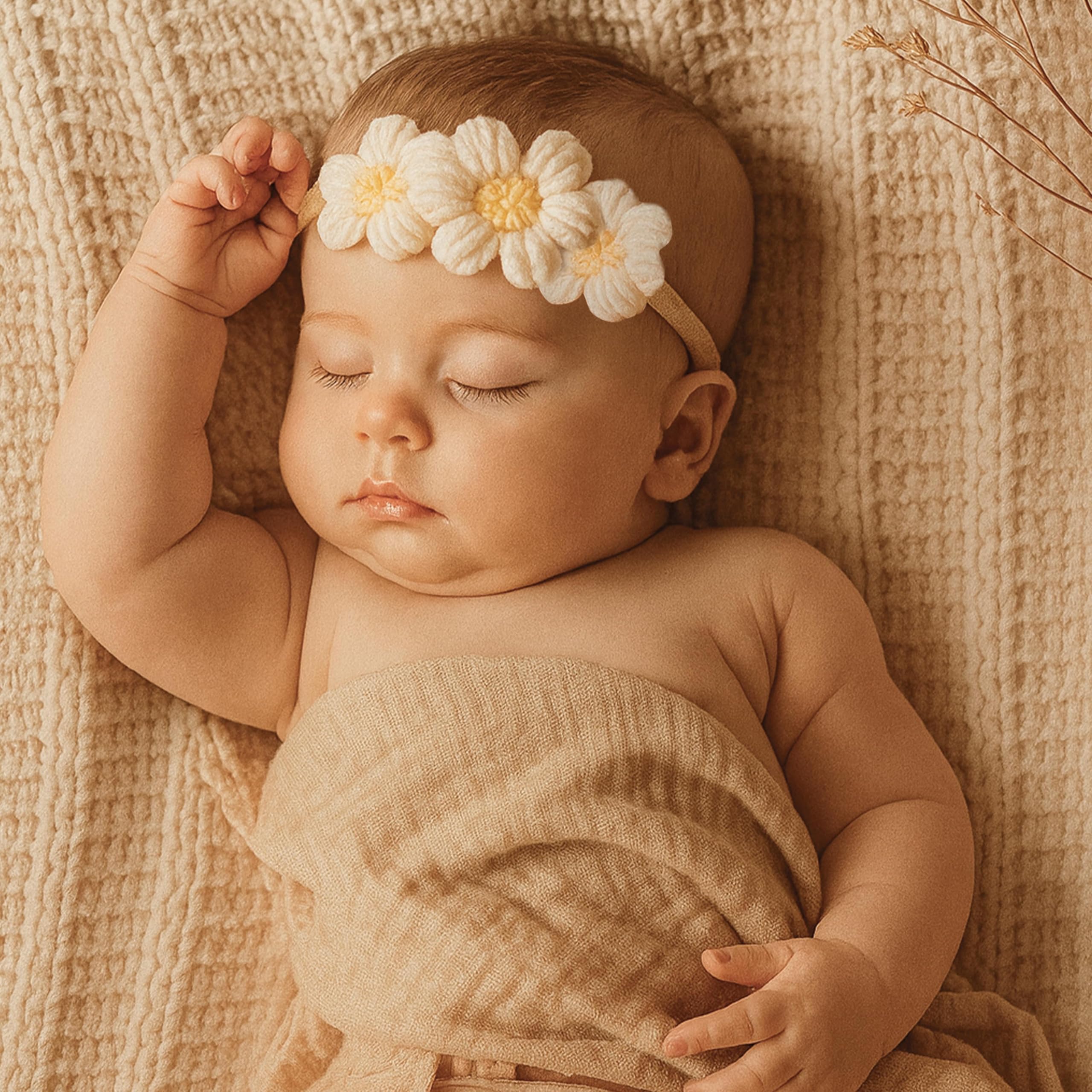 Macardac newborn-to-toddler headband worn during family photos.