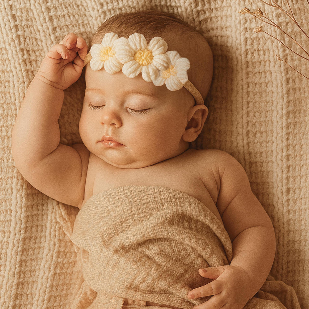 Macardac newborn-to-toddler headband worn during family photos.