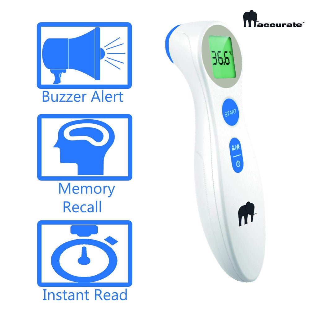 MACCURATE sleek no-touch thermometer design sits neatly on a nightstand.