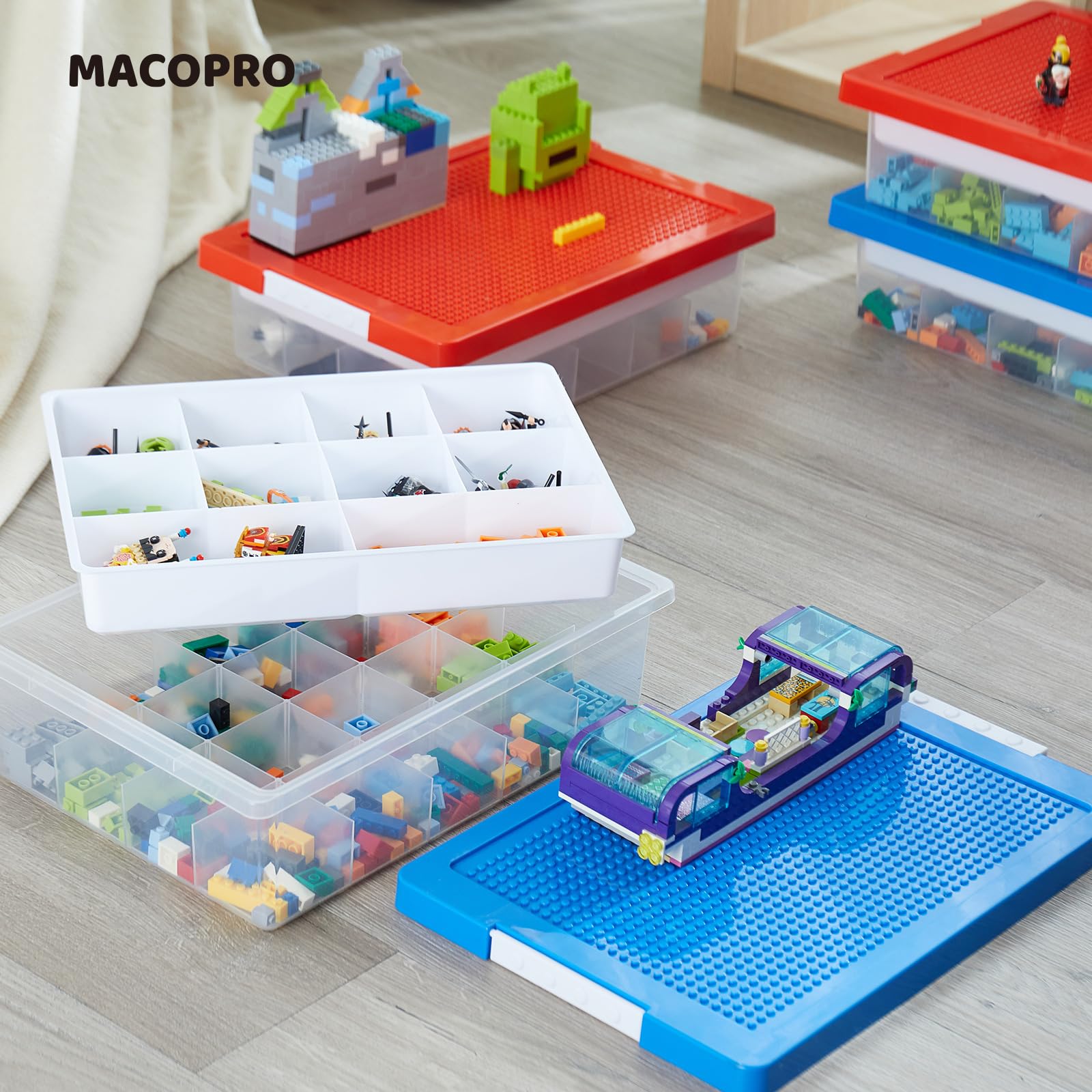MACOPRO bricks-not-included reminder emphasizes safe storage and easy cleanup after play.