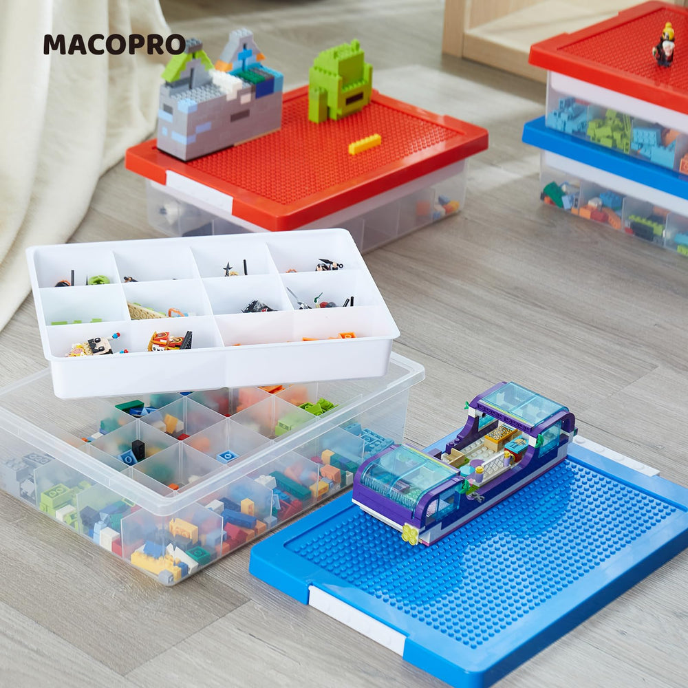 MACOPRO bricks-not-included reminder emphasizes safe storage and easy cleanup after play.