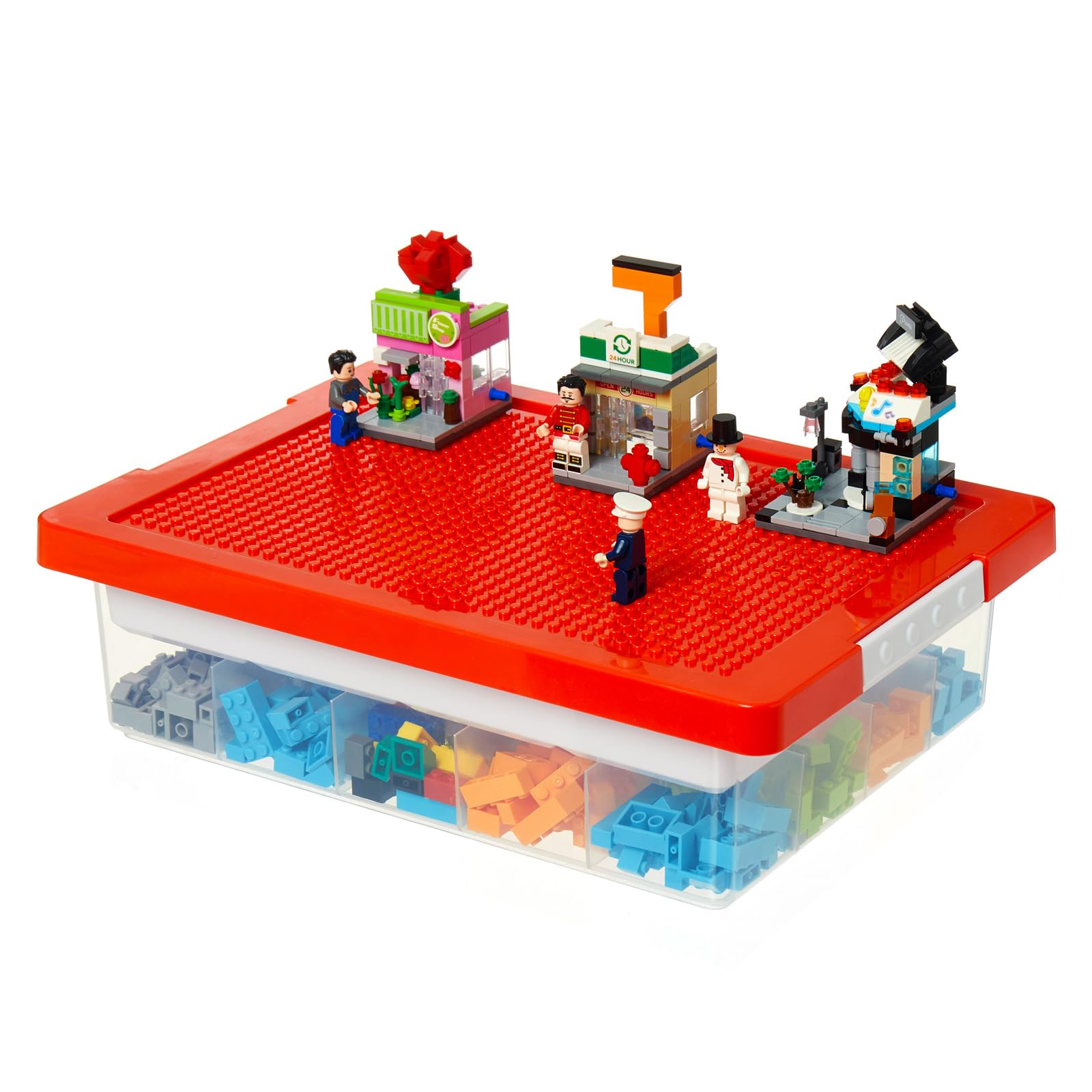MACOPRO Toys Storage Box with red lid shows the built-in baseplate for stable brick builds.