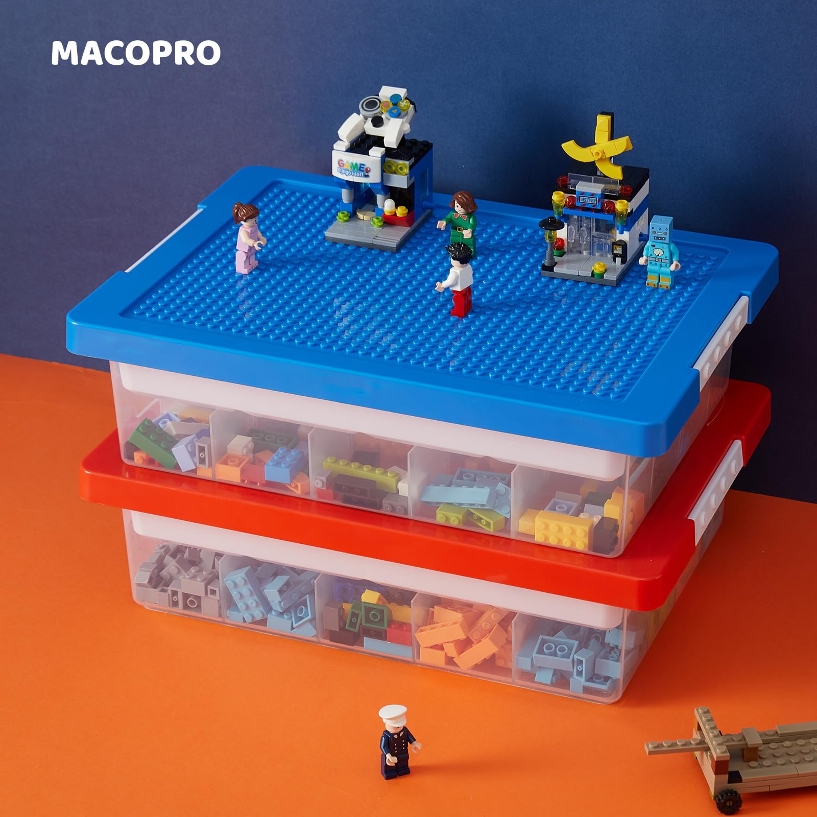 MACOPRO storage box with removable tray helps quick brick sorting and access.