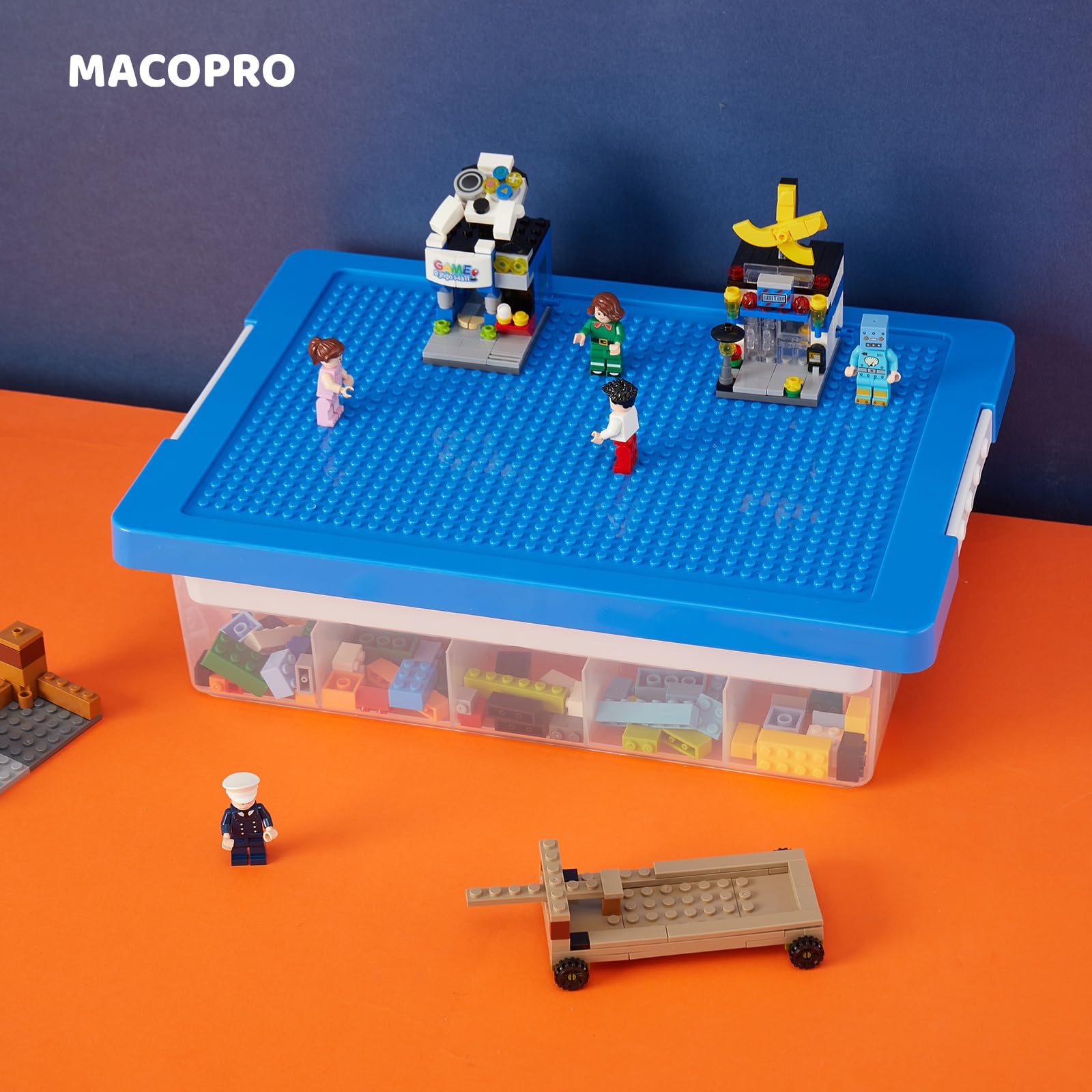 MACOPRO storage organizer showing 30 removable compartments for sorted bricks.