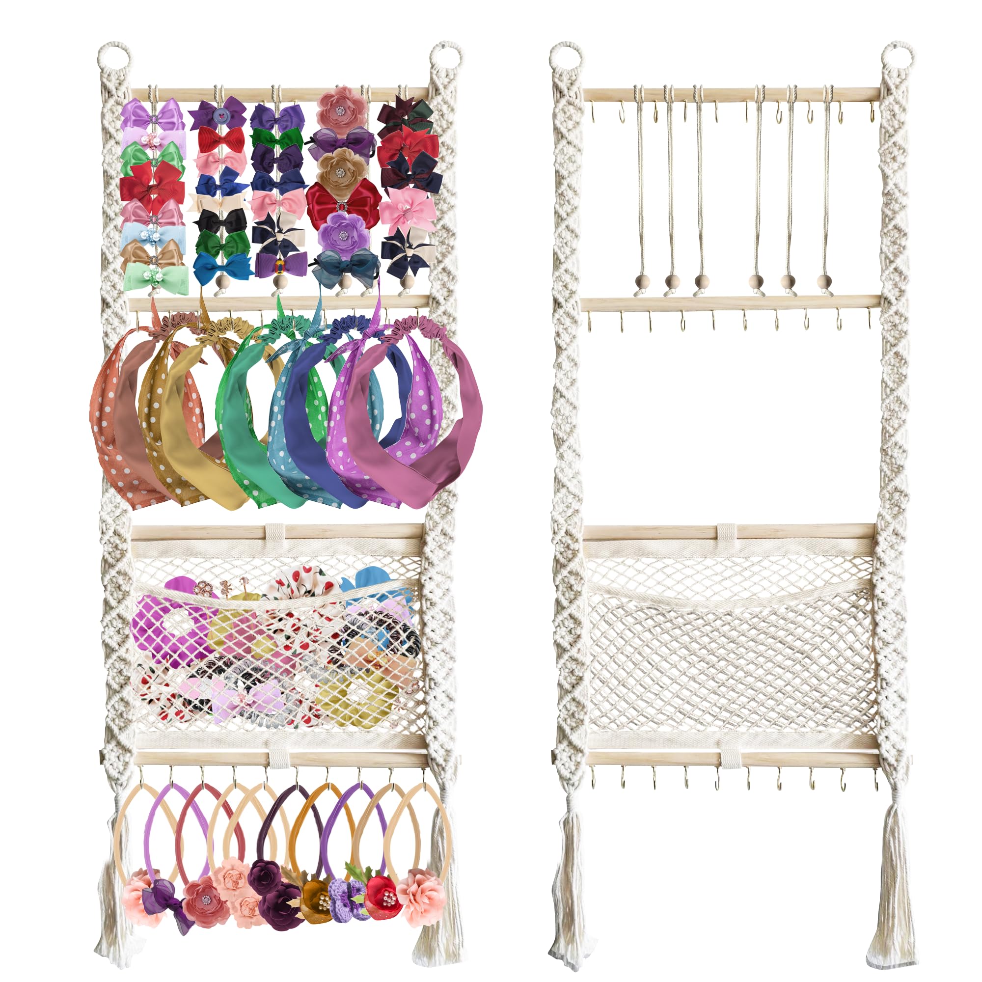 Macrame Headband Holder Cream wall display for neat baby accessory organization.