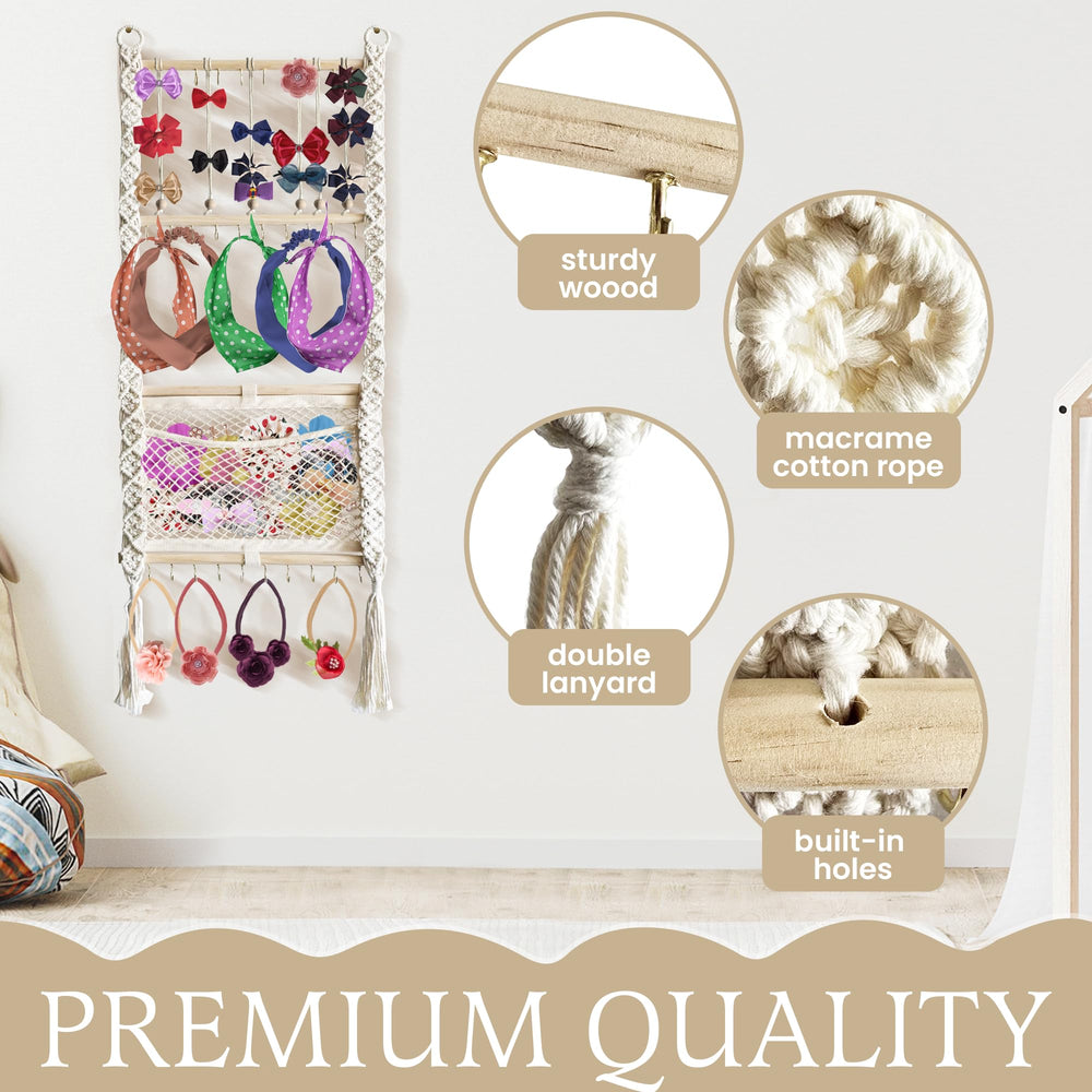 Macrame Headband Holder metal-hooks detail highlights sturdy hooks for bows.