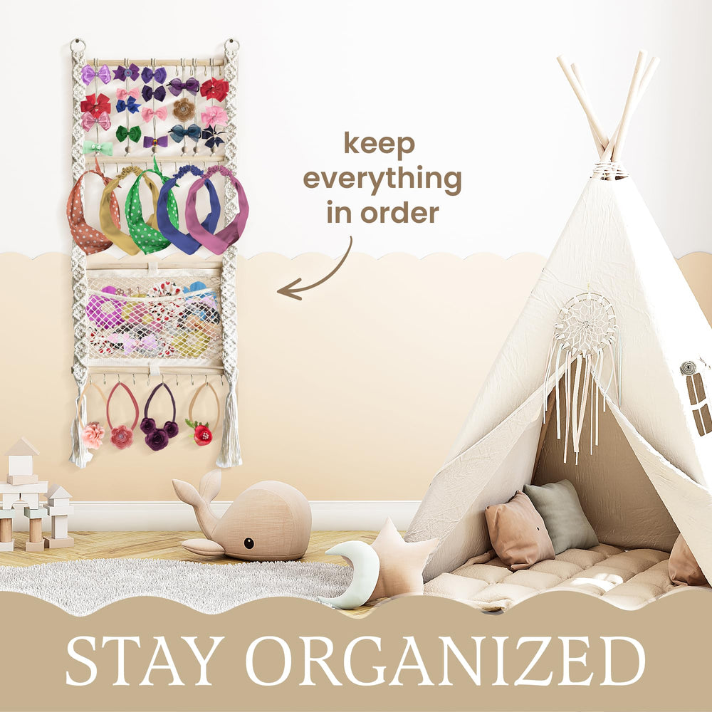 Macrame Headband Holder nursery wall hanging enhances room decor and storage.