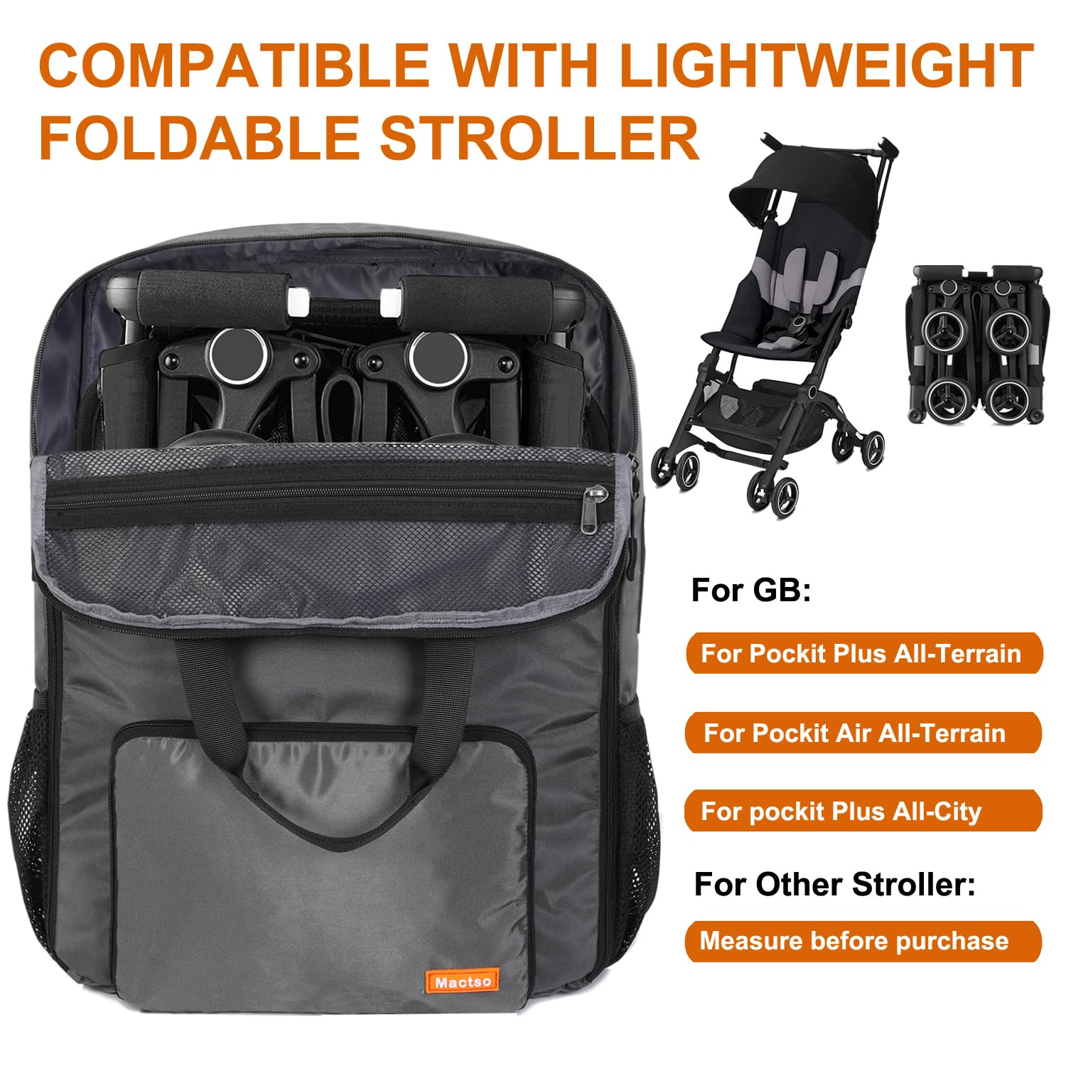 Mactso Stroller Travel Bag back view highlights durable zipper and luggage-friendly design.