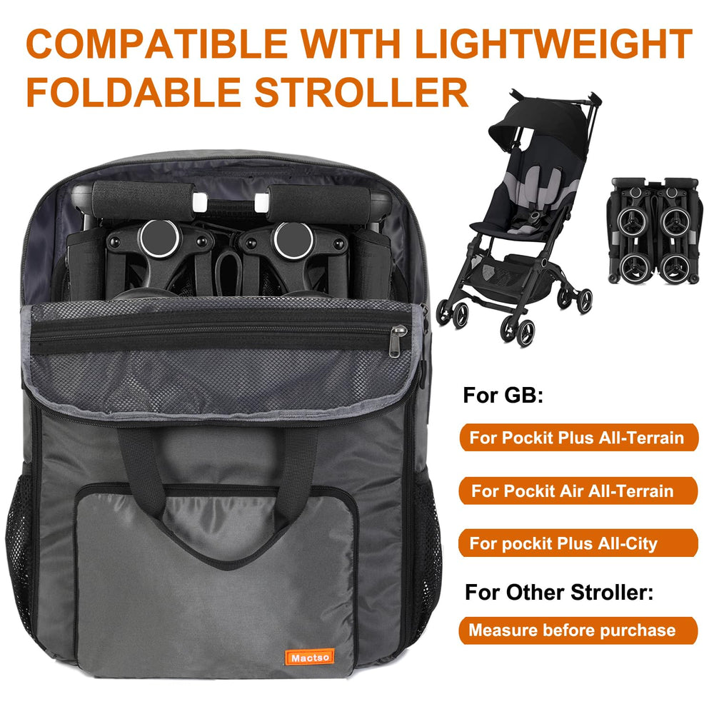 Mactso Stroller Travel Bag back view highlights durable zipper and luggage-friendly design.