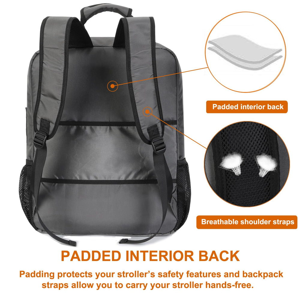 Mactso Stroller Travel Bag side-pocket demonstrates easy-access storage for bottles and toys.