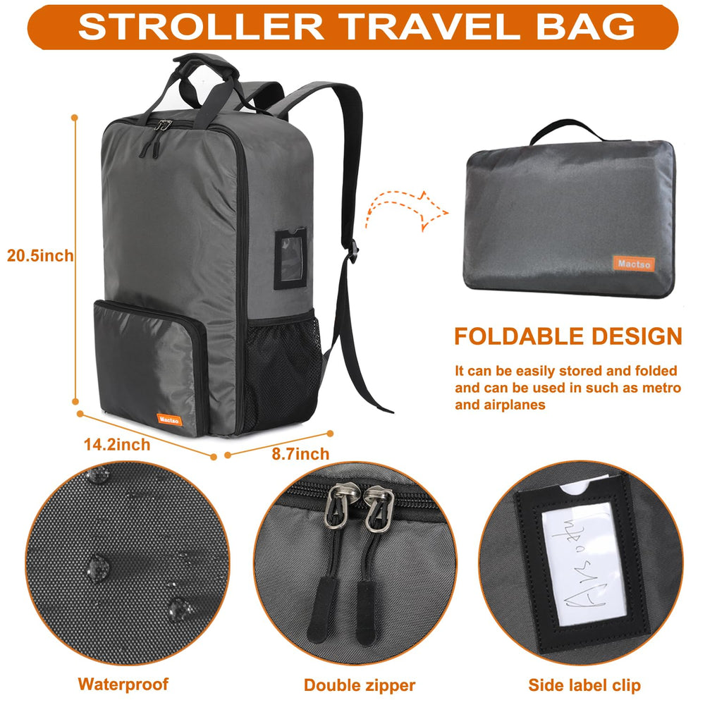 Mactso Stroller Travel Bag wheel-fold-tip emphasizes easier fit in a backpack.