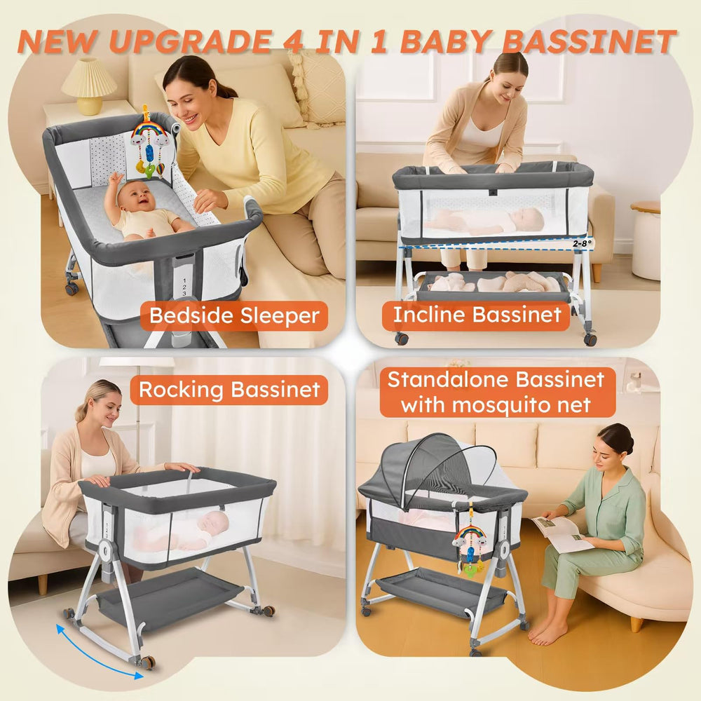 Madewell Living bassinet attached to bed as bedside sleeper for easy access.