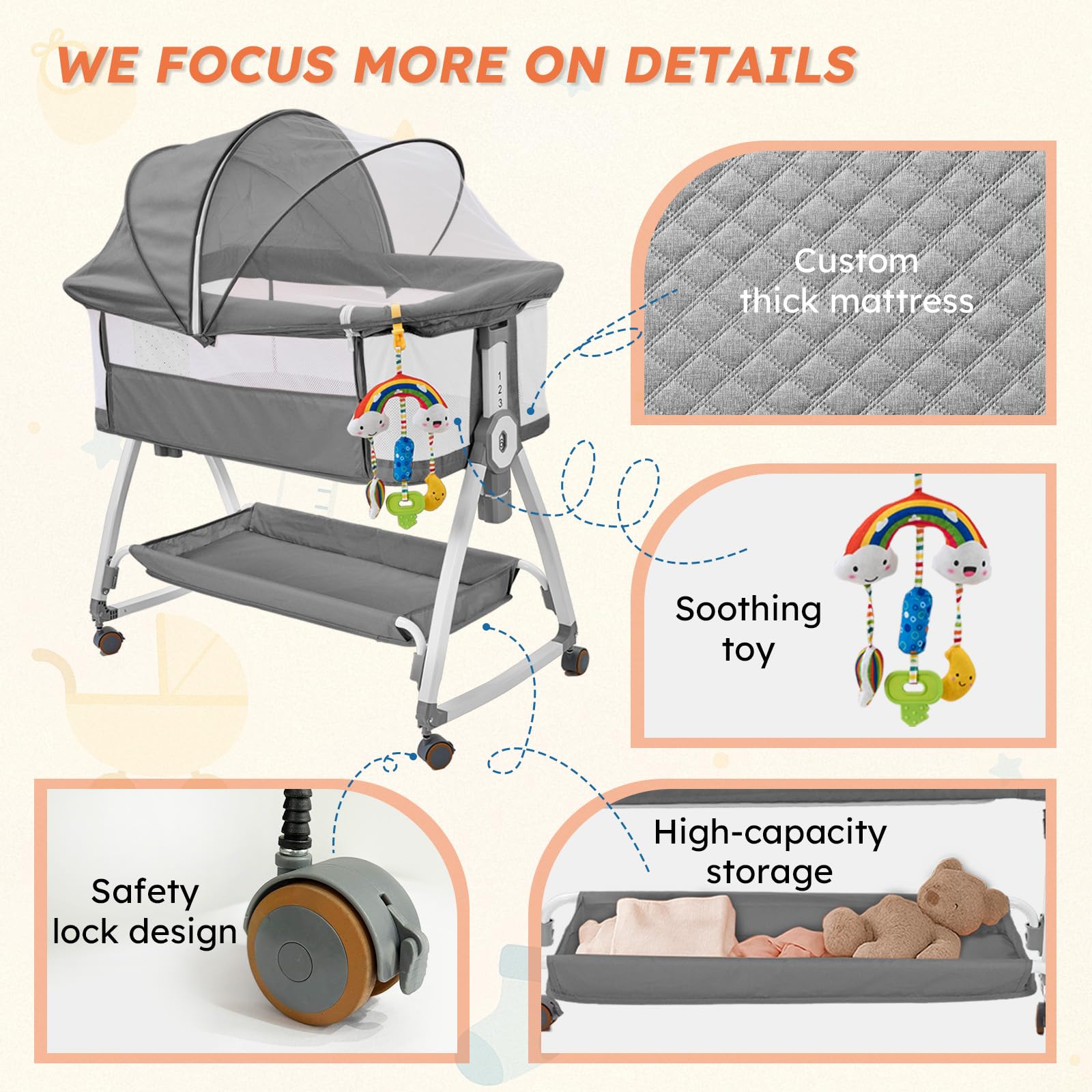 Madewell Living height-adjustable bassinet aligns with most beds for comfort.