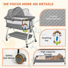 Madewell Living height-adjustable bassinet aligns with most beds for comfort.