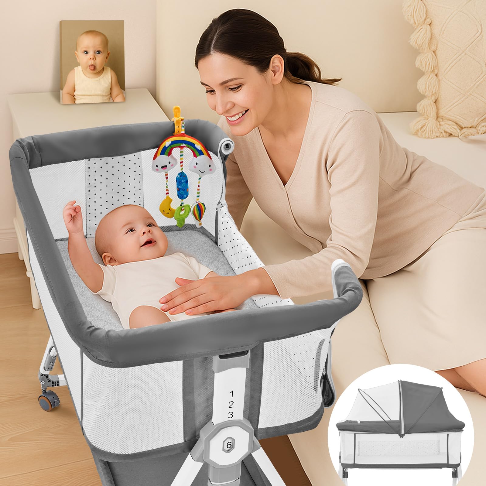 Madewell Living 4-in-1 bassinet overview showing versatile sleep options for newborns.