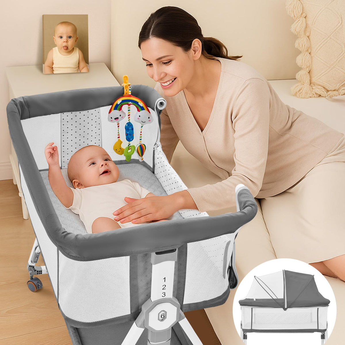 Madewell Living 4-in-1 bassinet overview showing versatile sleep options for newborns.