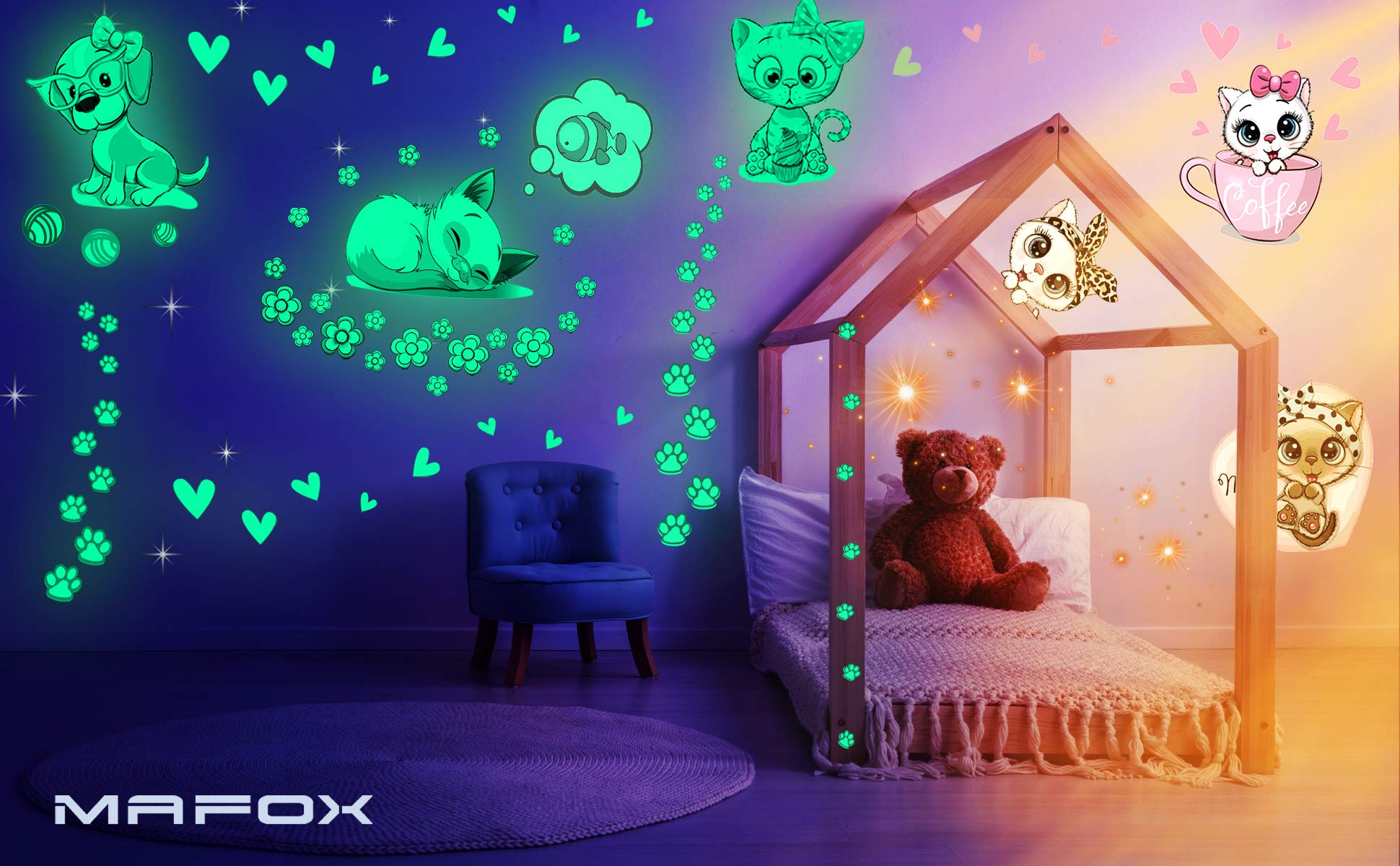 MAFOX fish-heart-flowers-stickers glow-in-the-dark for soothing nights