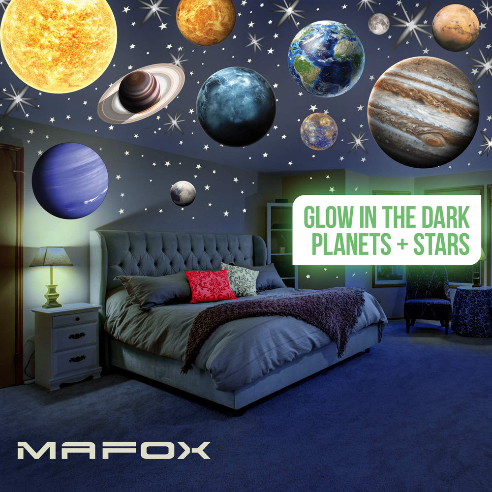 MAFOX Glow Planets sun-earth-mars decals illuminate ceilings with playful learning vibe