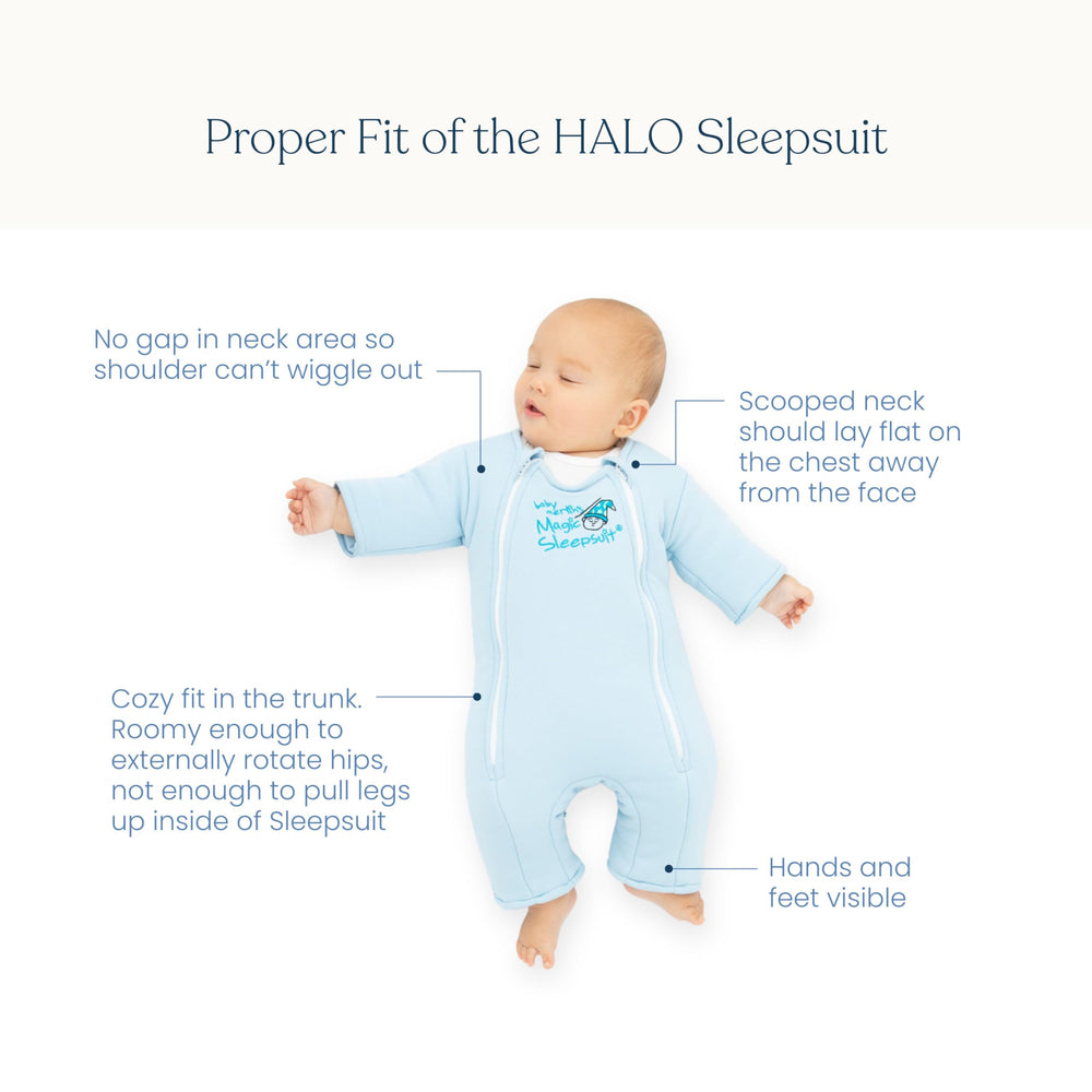 Magic Sleepsuit blue 3-6 month size helps families transition from traditional swaddling.