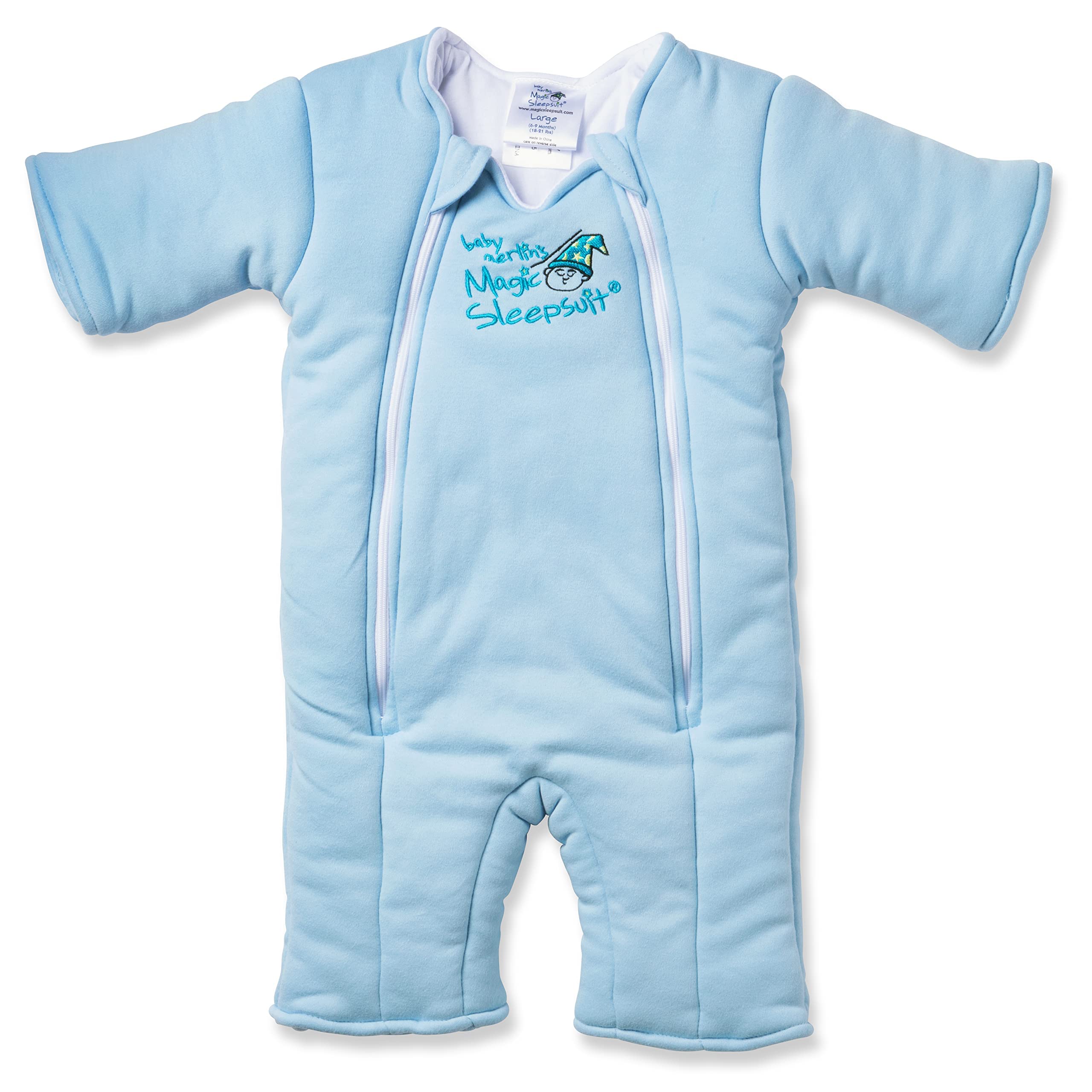 Magic Sleepsuit blue back-sleep view shows secure transition for calmer naps.