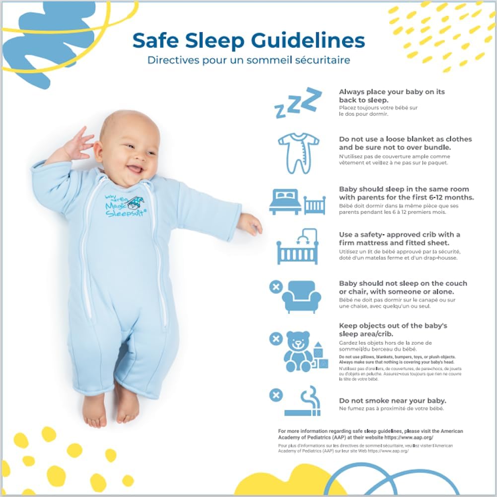 Magic Sleepsuit blue-back-sleeping crib setup supports safe crib sleep practices.
