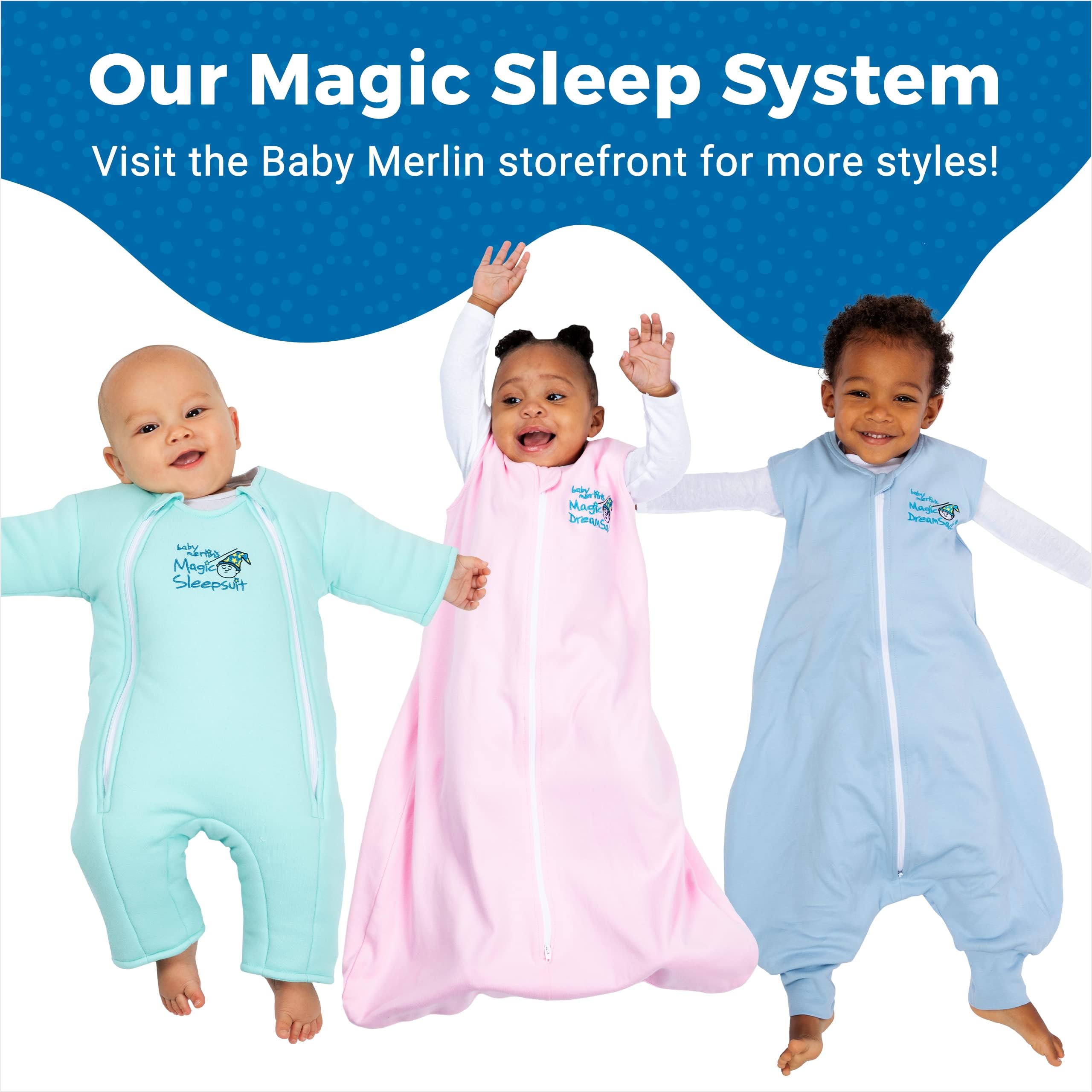 Magic Sleepsuit Merlin's baby in crib blue scene promotes peaceful nights