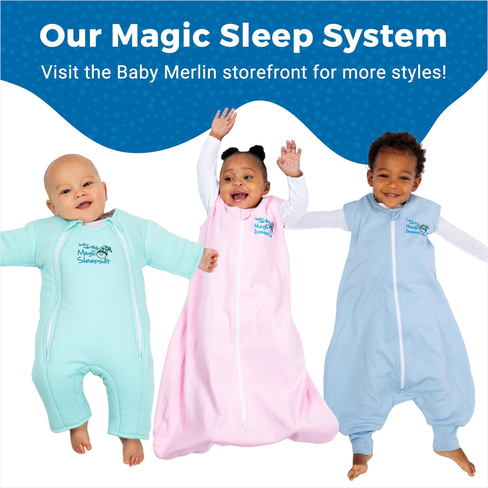 Magic Sleepsuit Merlin's baby in crib blue scene promotes peaceful nights
