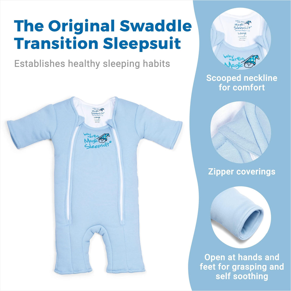 Magic Sleepsuit Merlin's bamboo-cotton swaddle blue side view emphasizes snug fit for calmer naps.