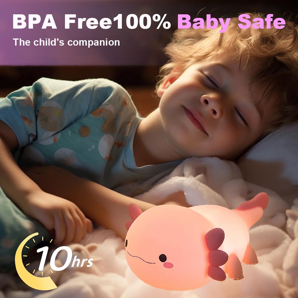 Magical JD axolotl night light with dinosaur design provides a friendly night time companion