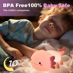 Magical JD axolotl night light with dinosaur design provides a friendly night time companion