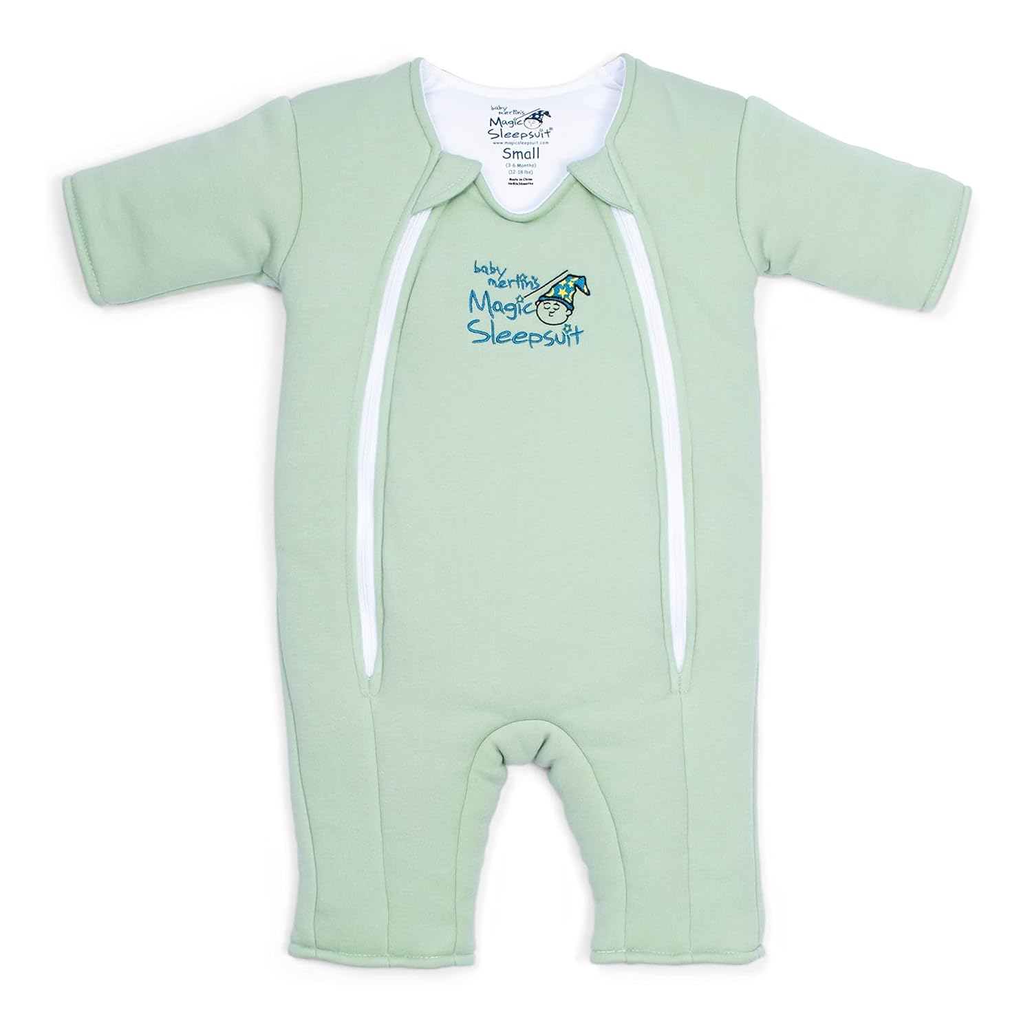 Magic Sleepsuit Merlin's Cotton Swaddle Transition sage green front view demonstrates cozy containment for a calmer transition.