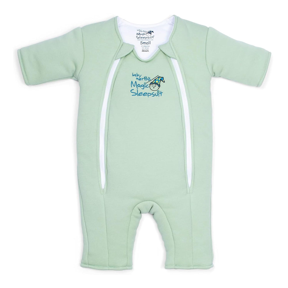 Magic Sleepsuit Merlin's Cotton Swaddle Transition sage green front view demonstrates cozy containment for a calmer transition.