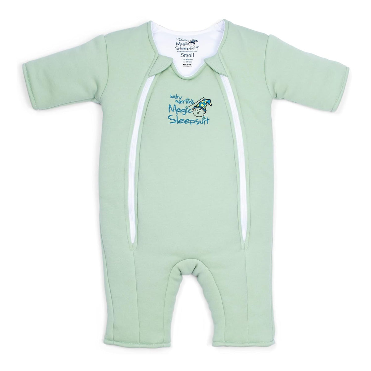 Magic Sleepsuit Merlin's Cotton Swaddle Transition sage green front view demonstrates cozy containment for a calmer transition.