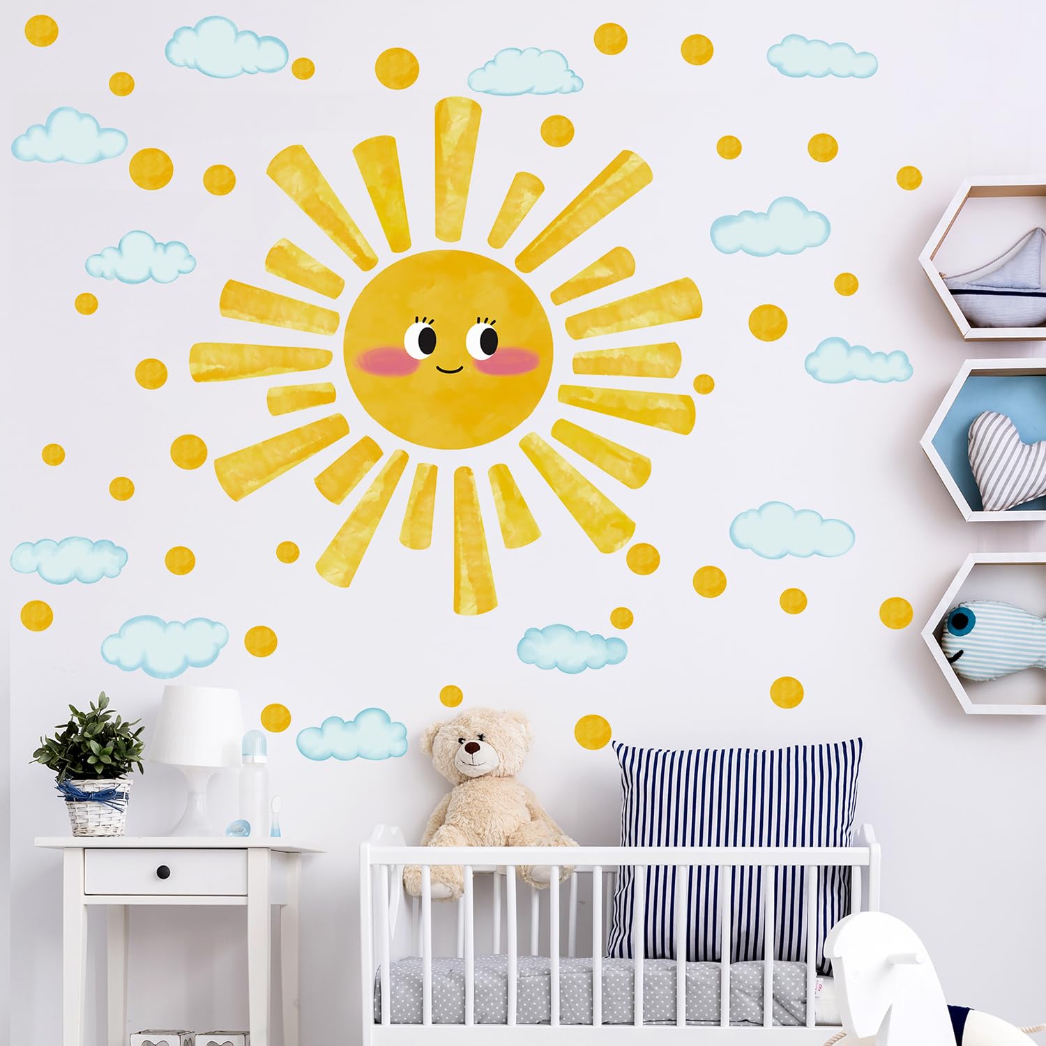 MagiMural Sun and Cloud decals create playful skies for kids' rooms and classrooms, quick decorating.