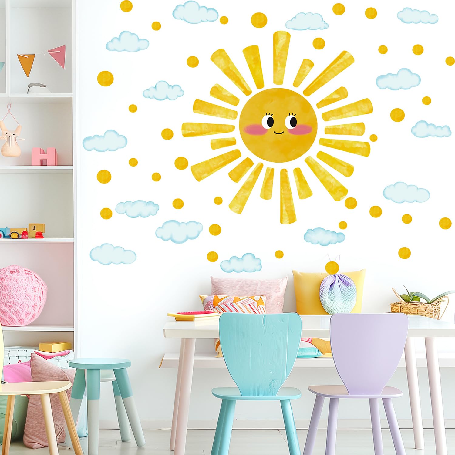 MagiMural Watercolor Sun Wall Sticker brightens nurseries with soft sun rays for a calming effect.