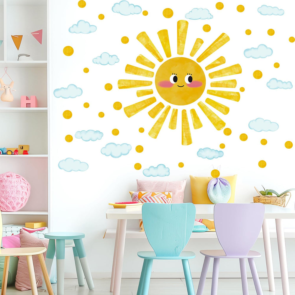 MagiMural Watercolor Sun Wall Sticker brightens nurseries with soft sun rays for a calming effect.