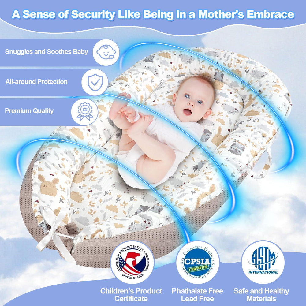 MAGINP infant nest uses breathable cotton and hypoallergenic filling for comfortable supervised play.