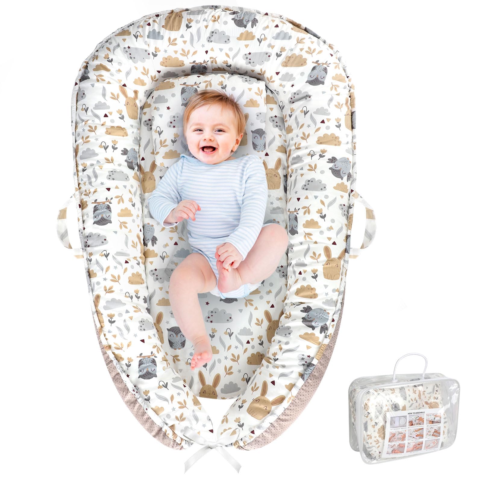 MAGINP baby lounger travel-ready with handles for easy moves between rooms and outings.