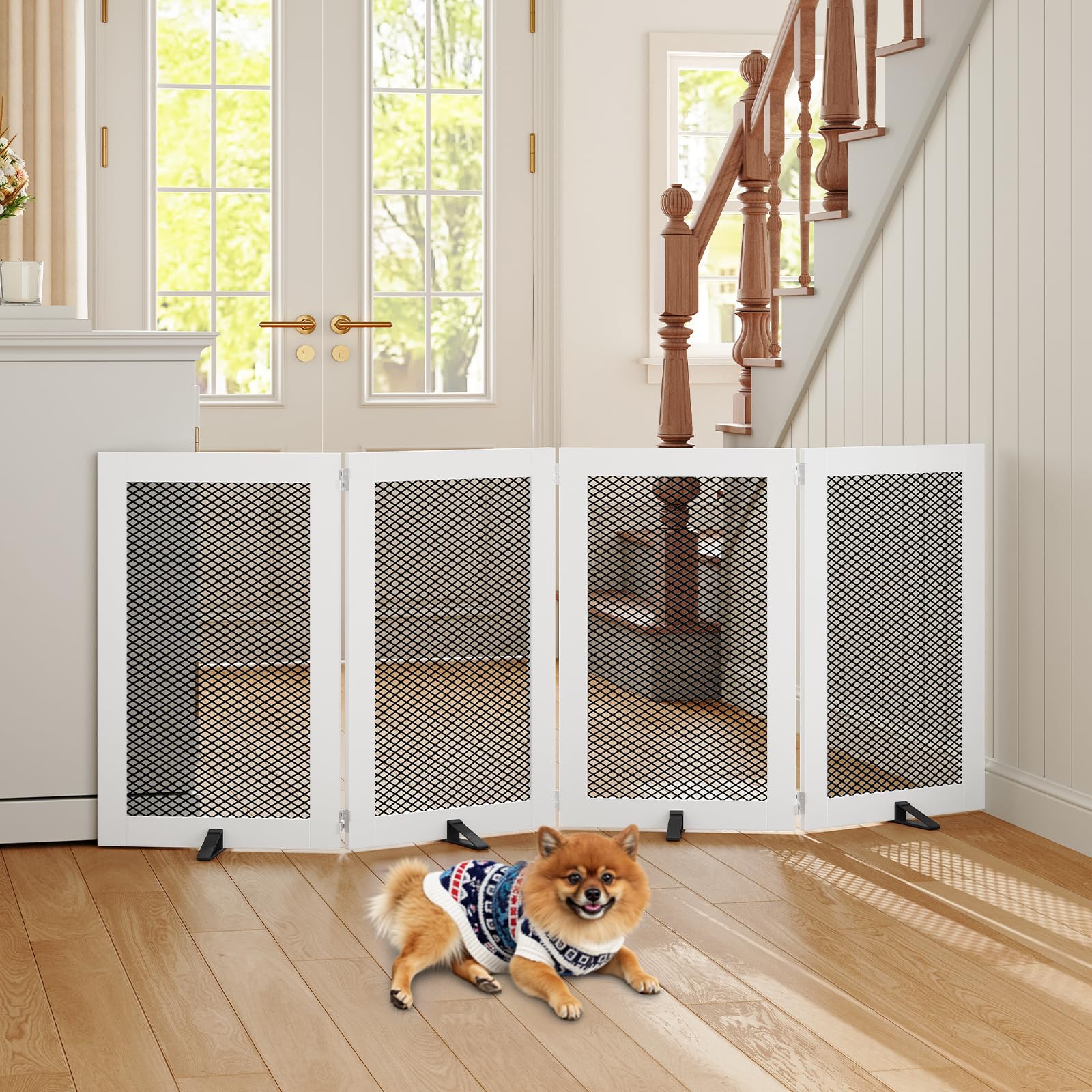 MAHANCRIS pet gate creates a safe play enclosure in hallways.