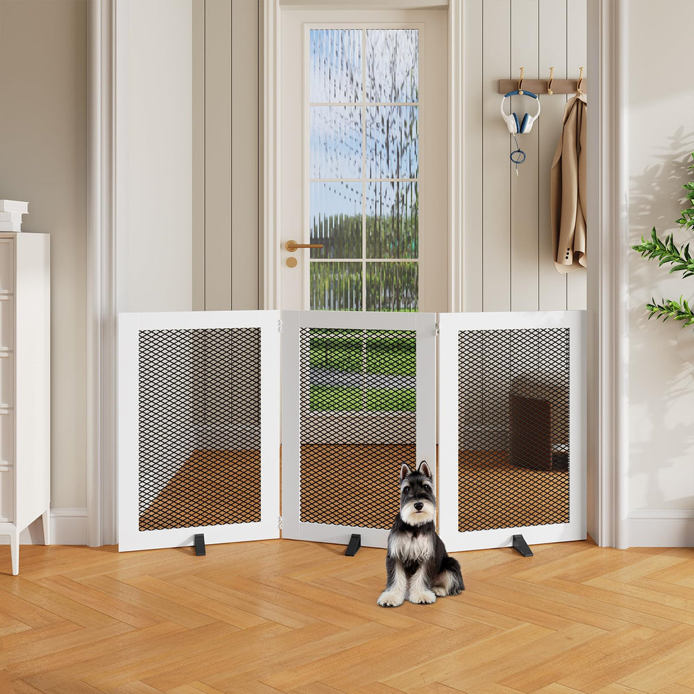 MAHANCRIS dog gate installed at a doorway showing freestanding stability