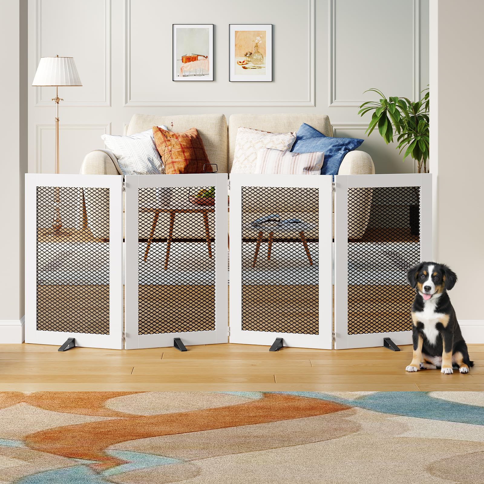 MAHANCRIS freestanding dog gate shows foldable hinges for space-saving setup.