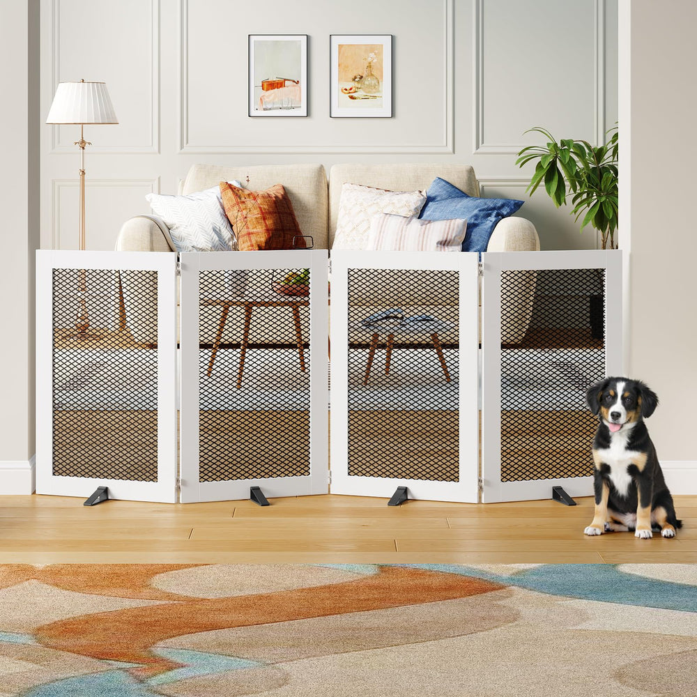 MAHANCRIS freestanding dog gate shows foldable hinges for space-saving setup.