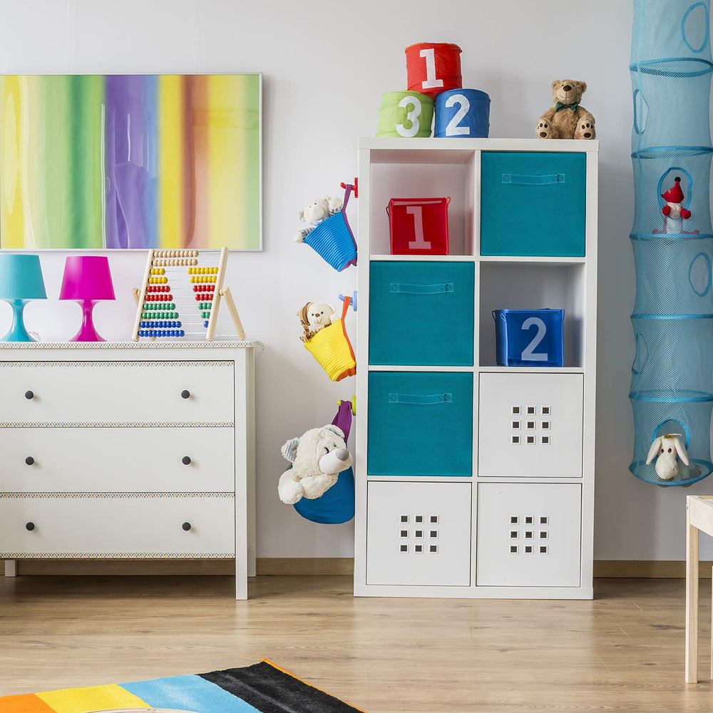 MaidMAX teal storage bin color-coded use for nursery or playroom organization