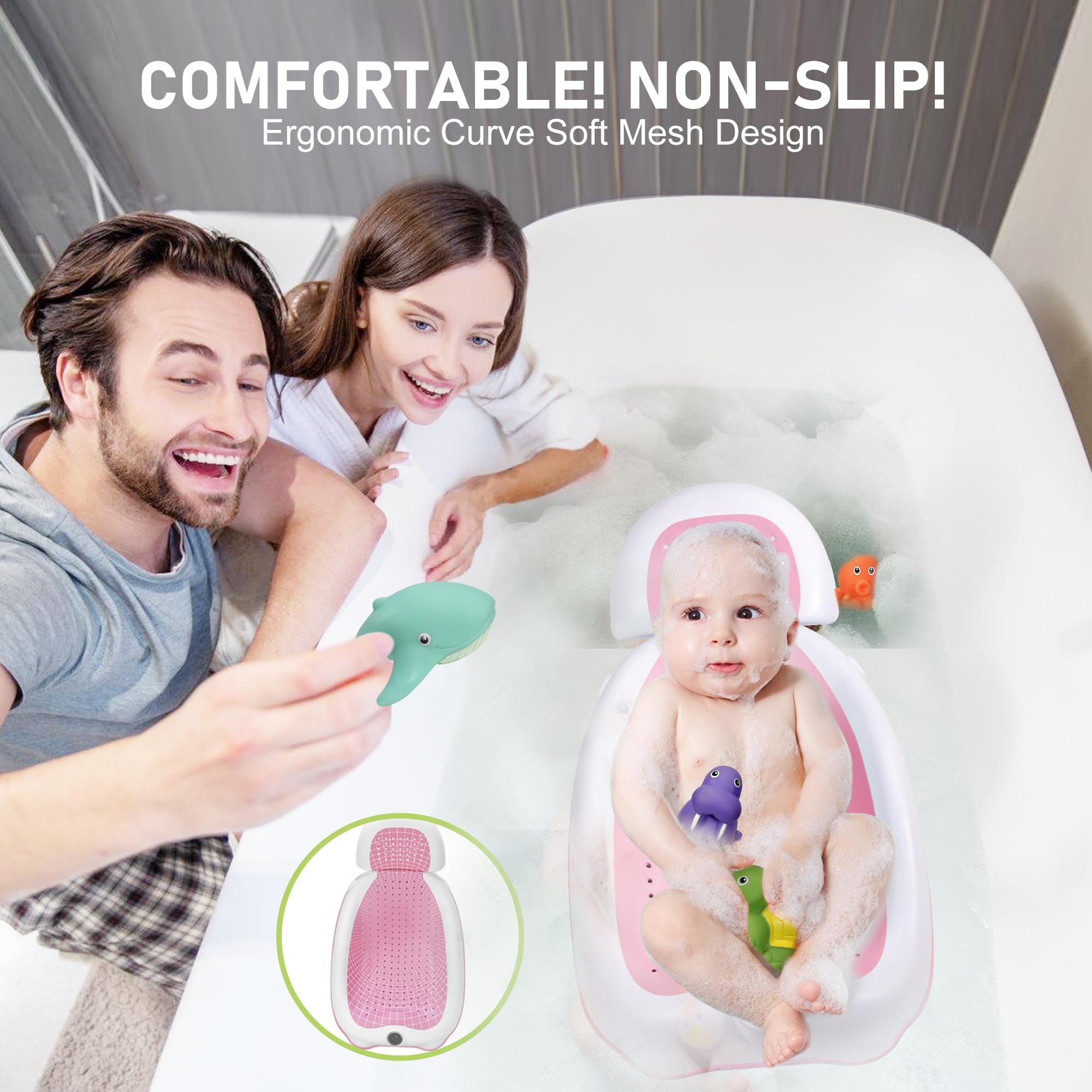 MAIKKB baby bather with thermometer sticker demonstrates temperature cues for comfortable baths.