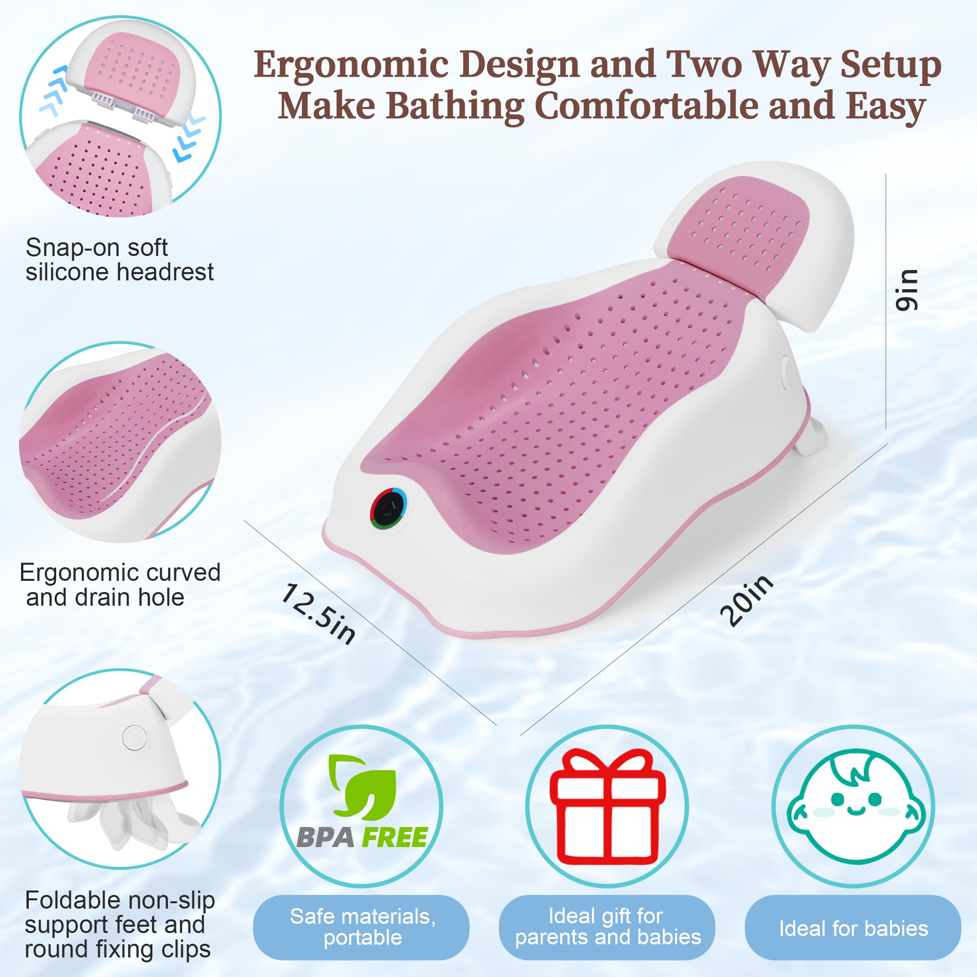 MAIKKB ergonomic, soft-touch design supports delicate skin during newborn bathing.