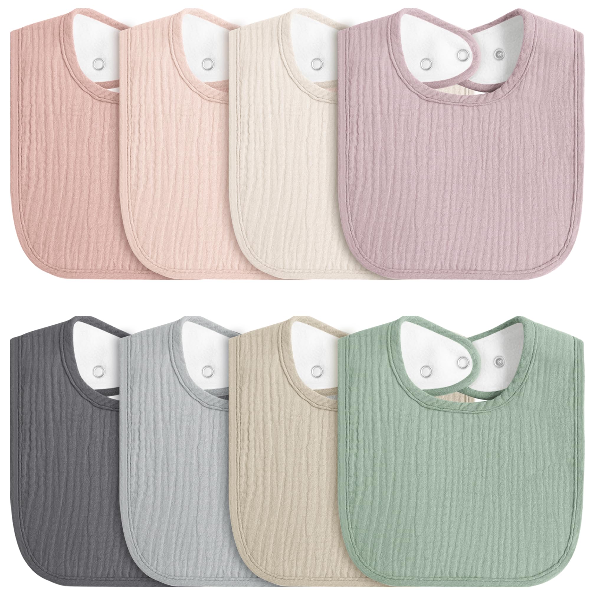 MairMore 8-pack baby muslin bibs in colors shield outfits during feeding and drool moments.