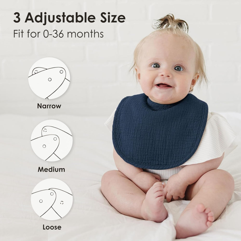 MairMore 8-pack bibs with adjustable snaps fit newborn to toddler comfortably.