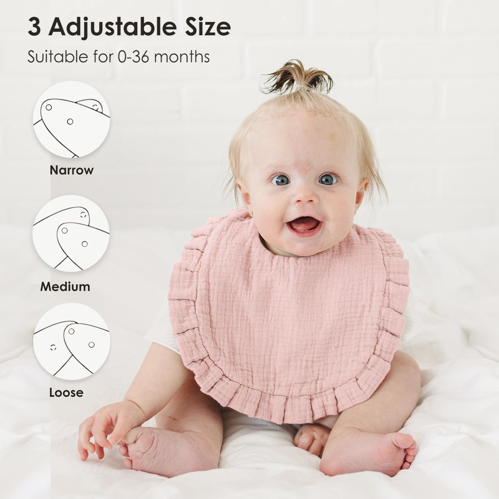 MairMore baby bib adjustable-snaps closeup shows growing fit.