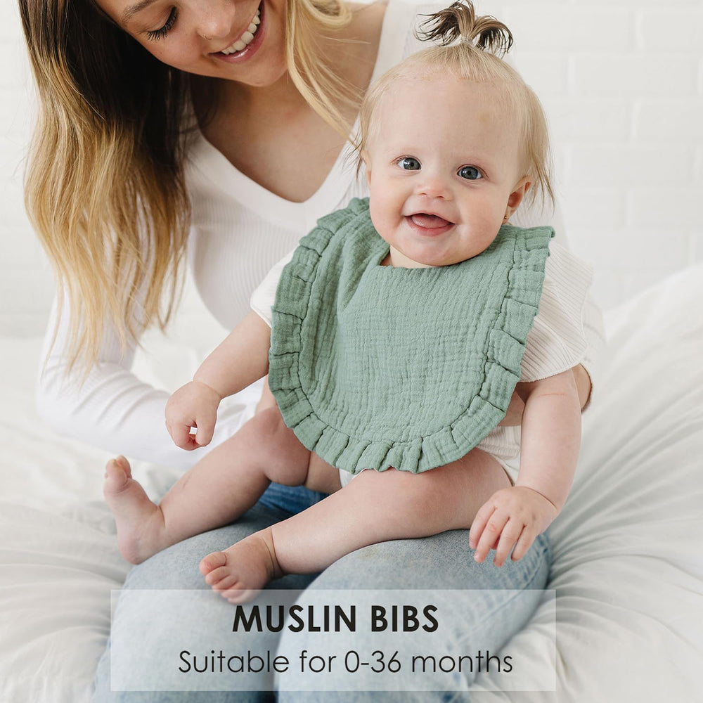 MairMore double-layer bib with snaps demonstrates adjustable fit.