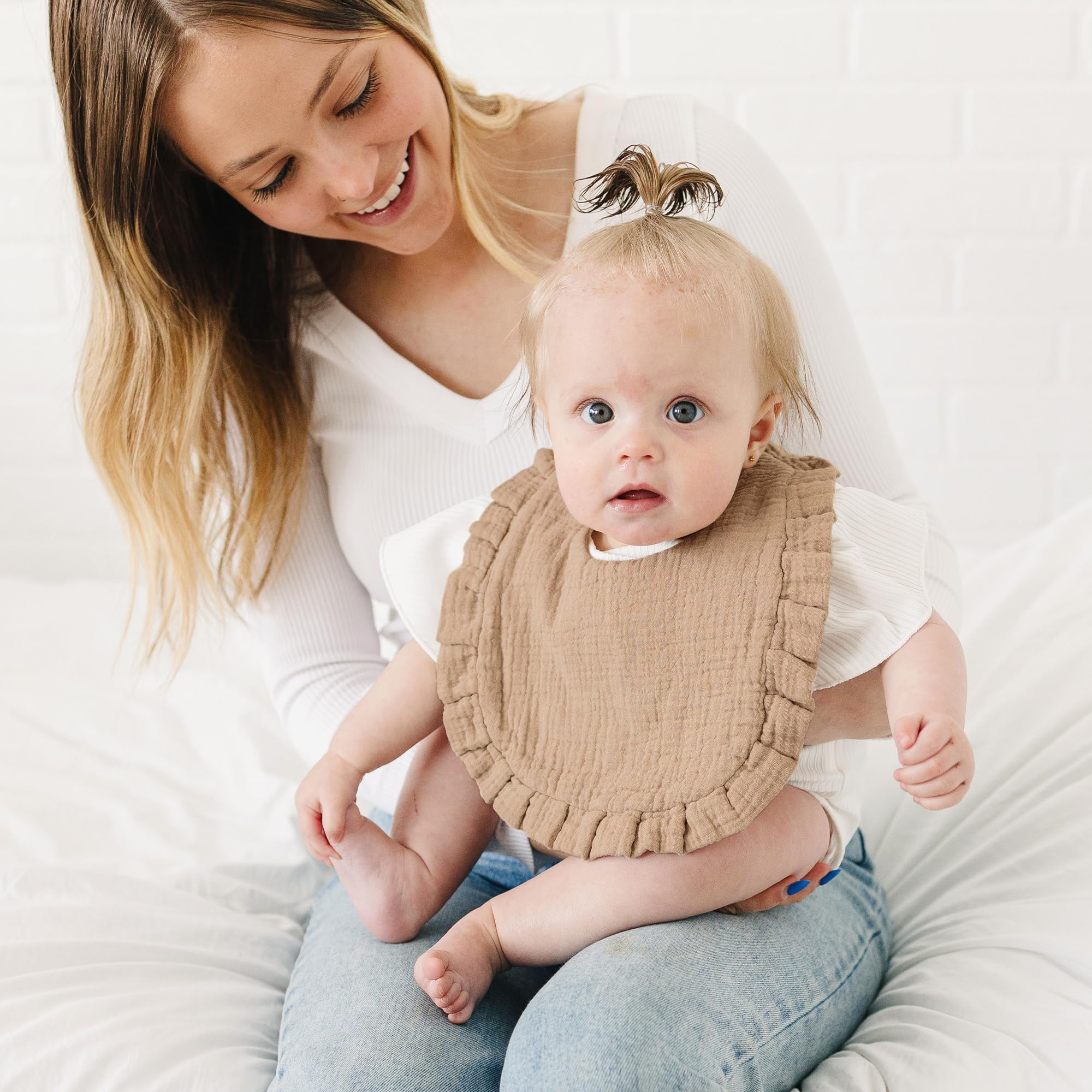 MairMore bib with flounce border closeup adds charming detail.